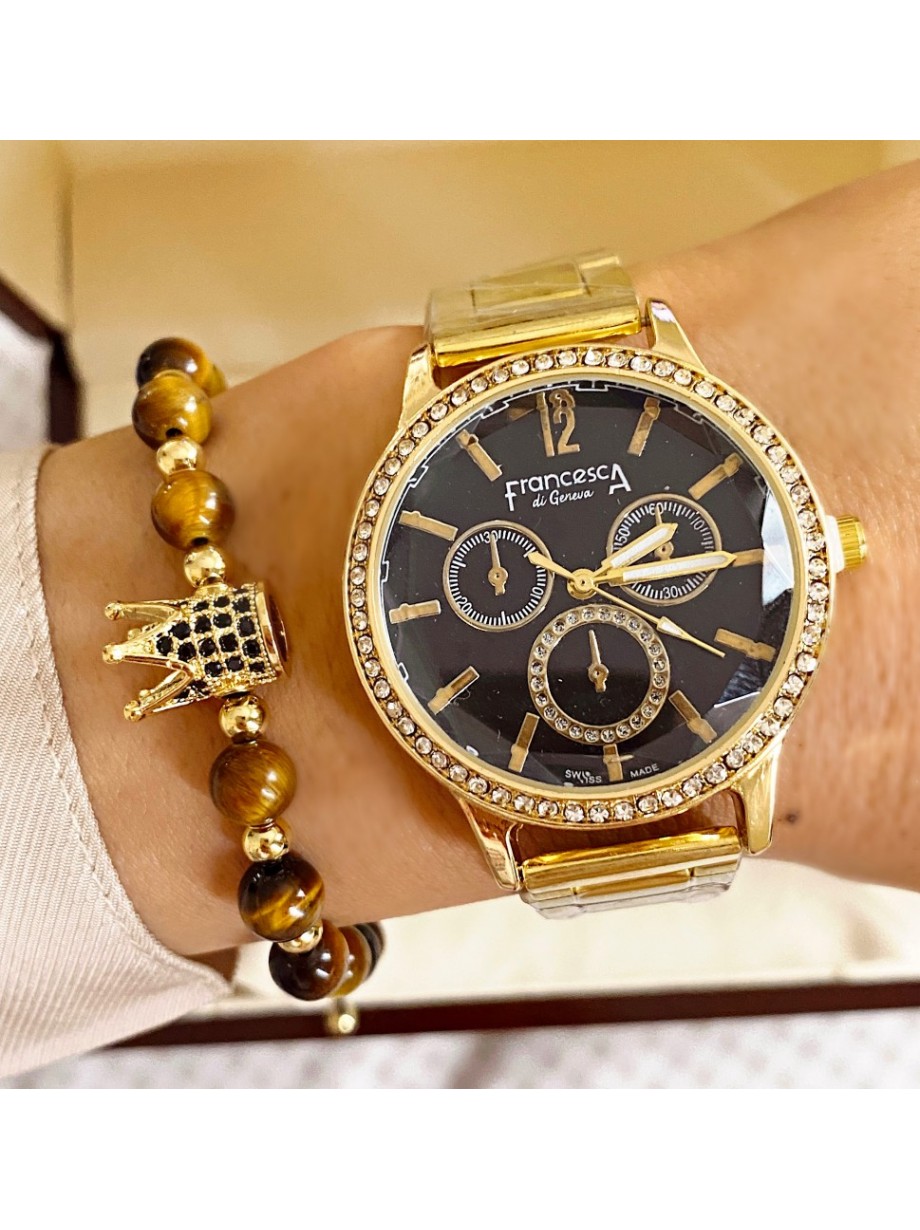 Ceas dama auriu cu bratara metalica si cadran negru