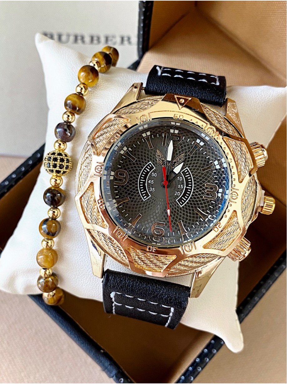 Ceas barbat negru cu bratara din piele ecologica si cadran deosebit