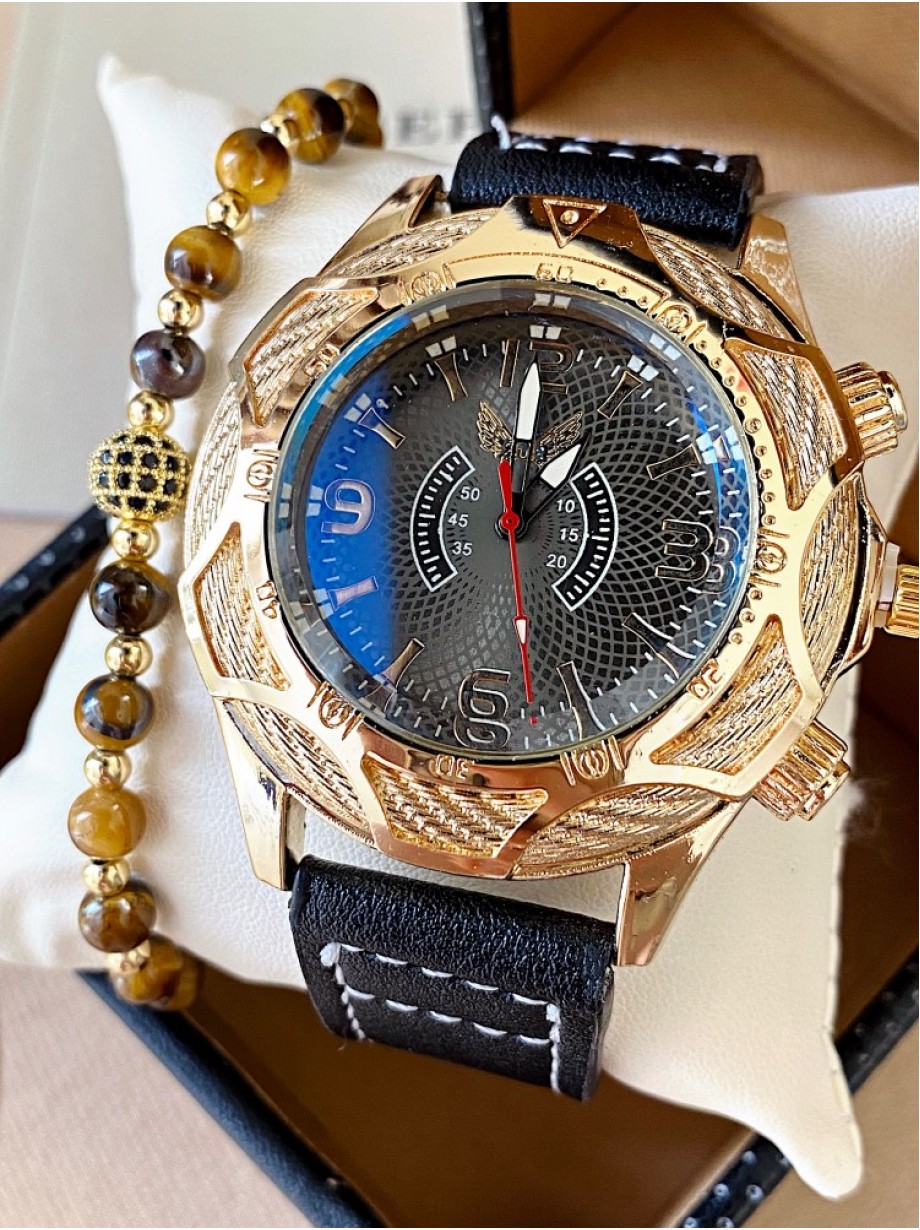 Ceas barbat negru cu bratara din piele ecologica si cadran deosebit