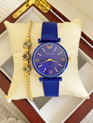 Ceas dama albastru cu bratara metalica si cadran simplu