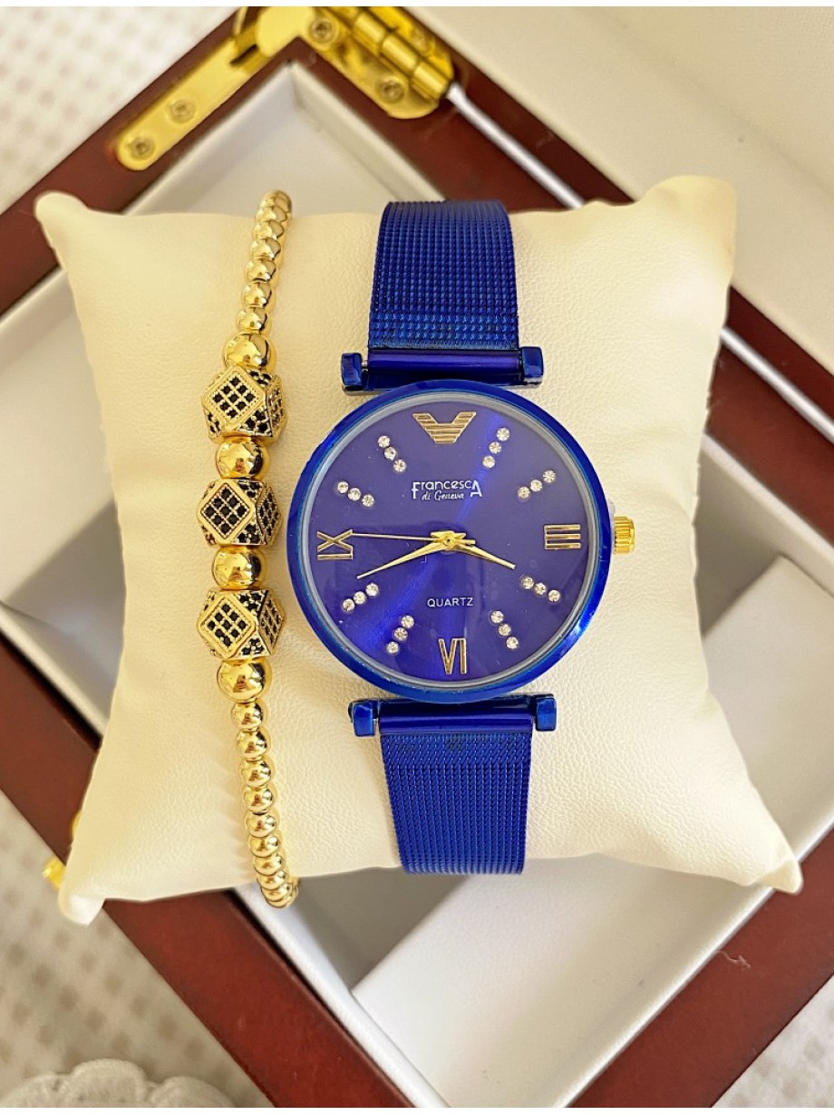 Ceas dama albastru cu bratara metalica si cadran simplu