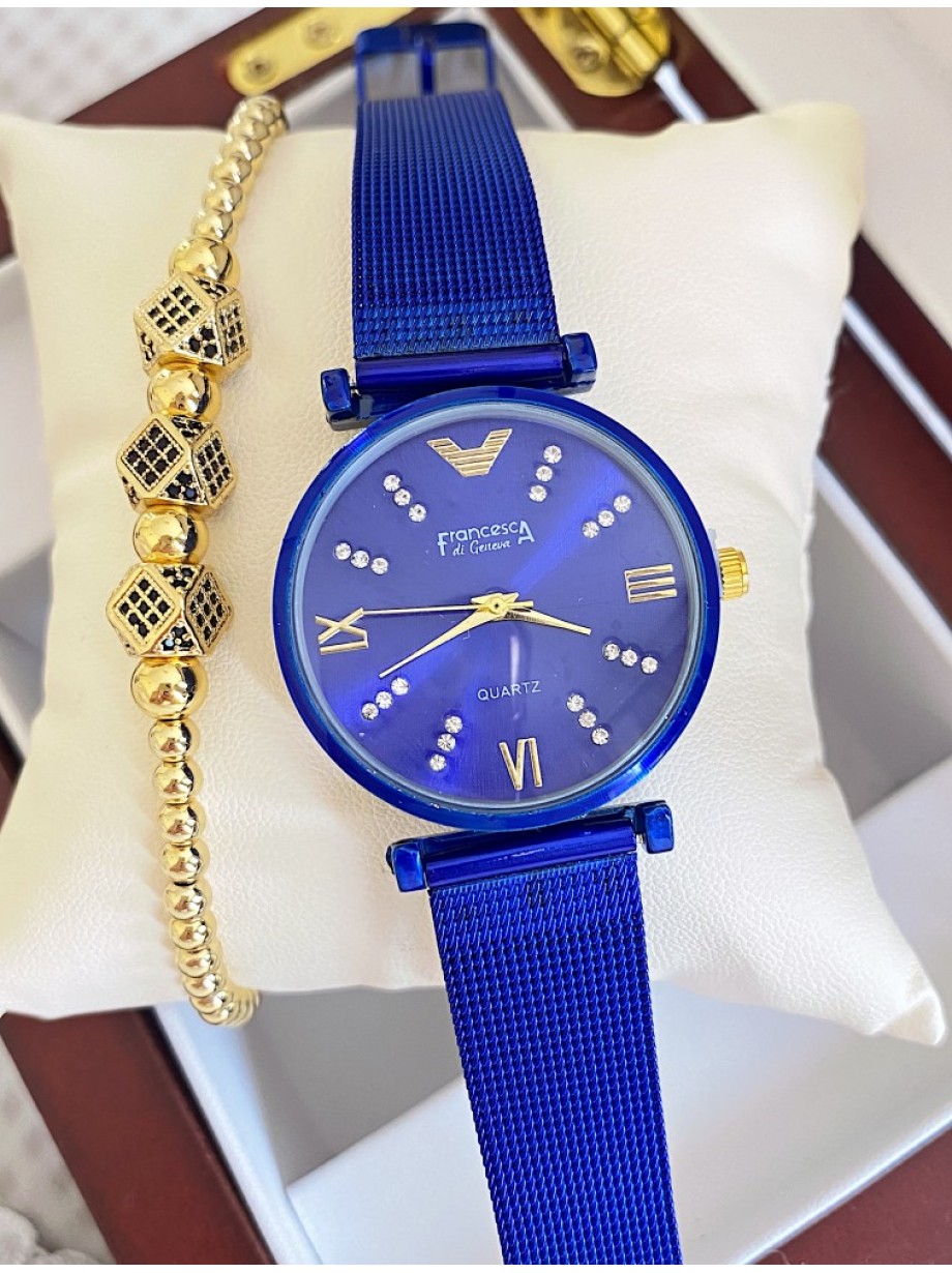Ceas dama albastru cu bratara metalica si cadran simplu