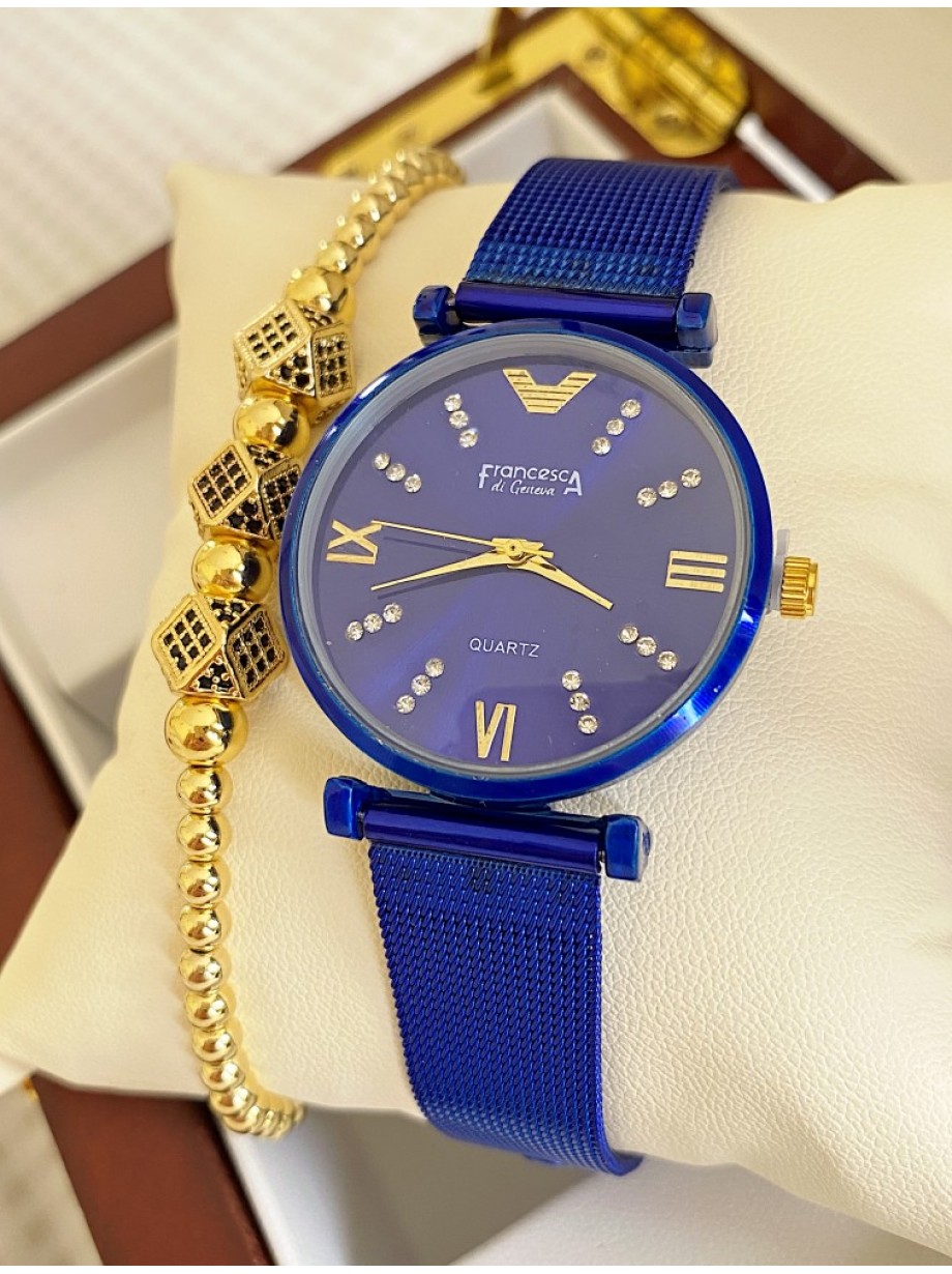 Ceas dama albastru cu bratara metalica si cadran simplu