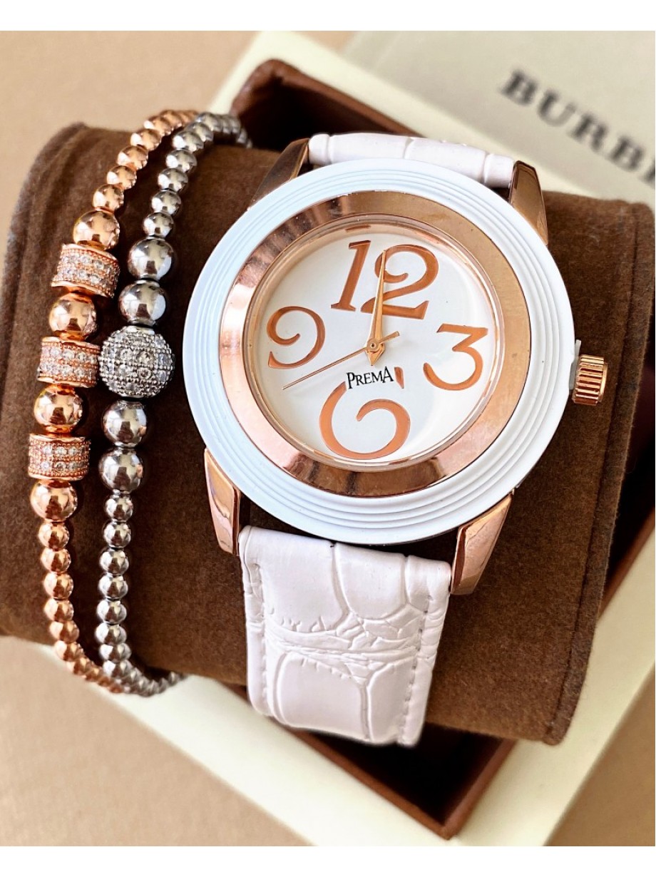 Ceas dama alb cu bratara din piele ecologica si cadran cu cifre mari