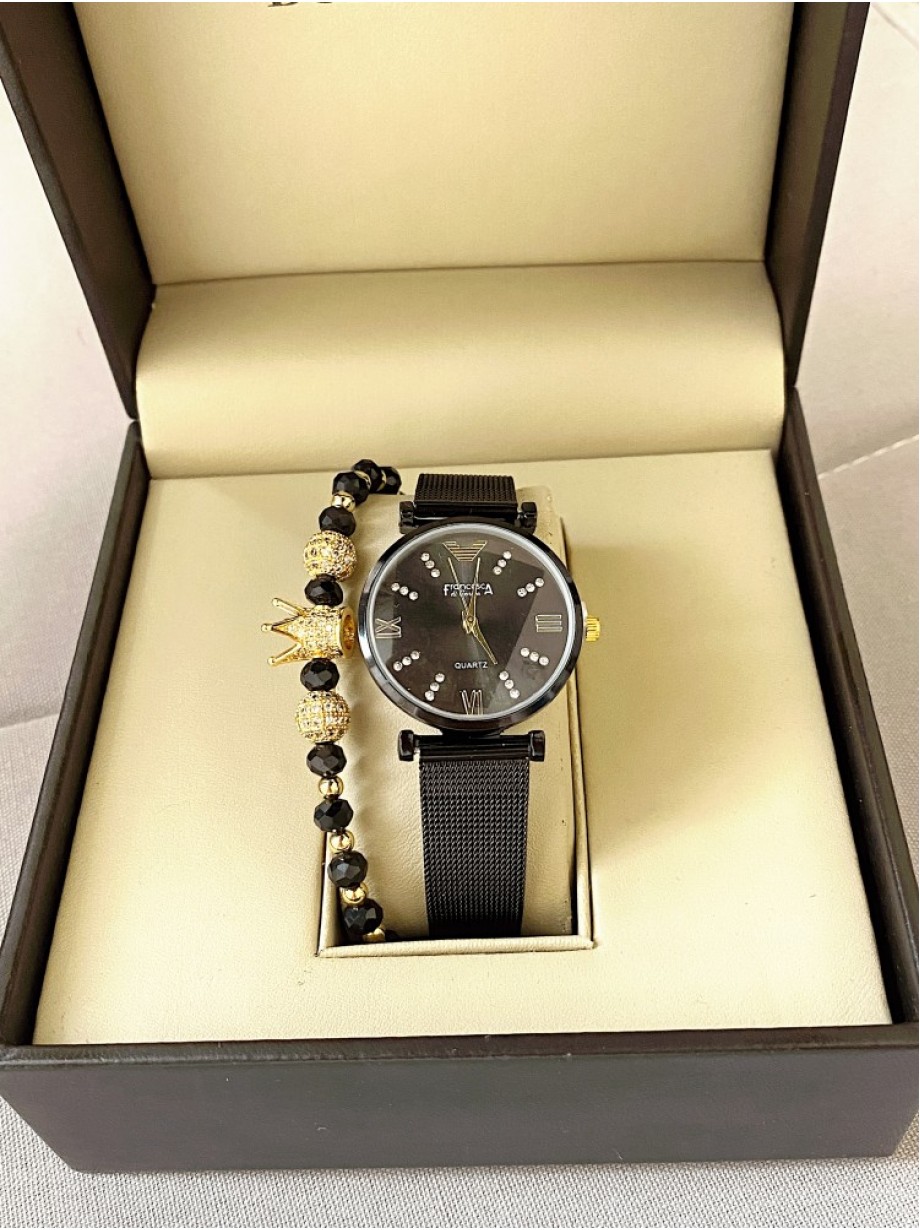 Ceas dama negru cu bratara metalica si cadran cu 4 cifre