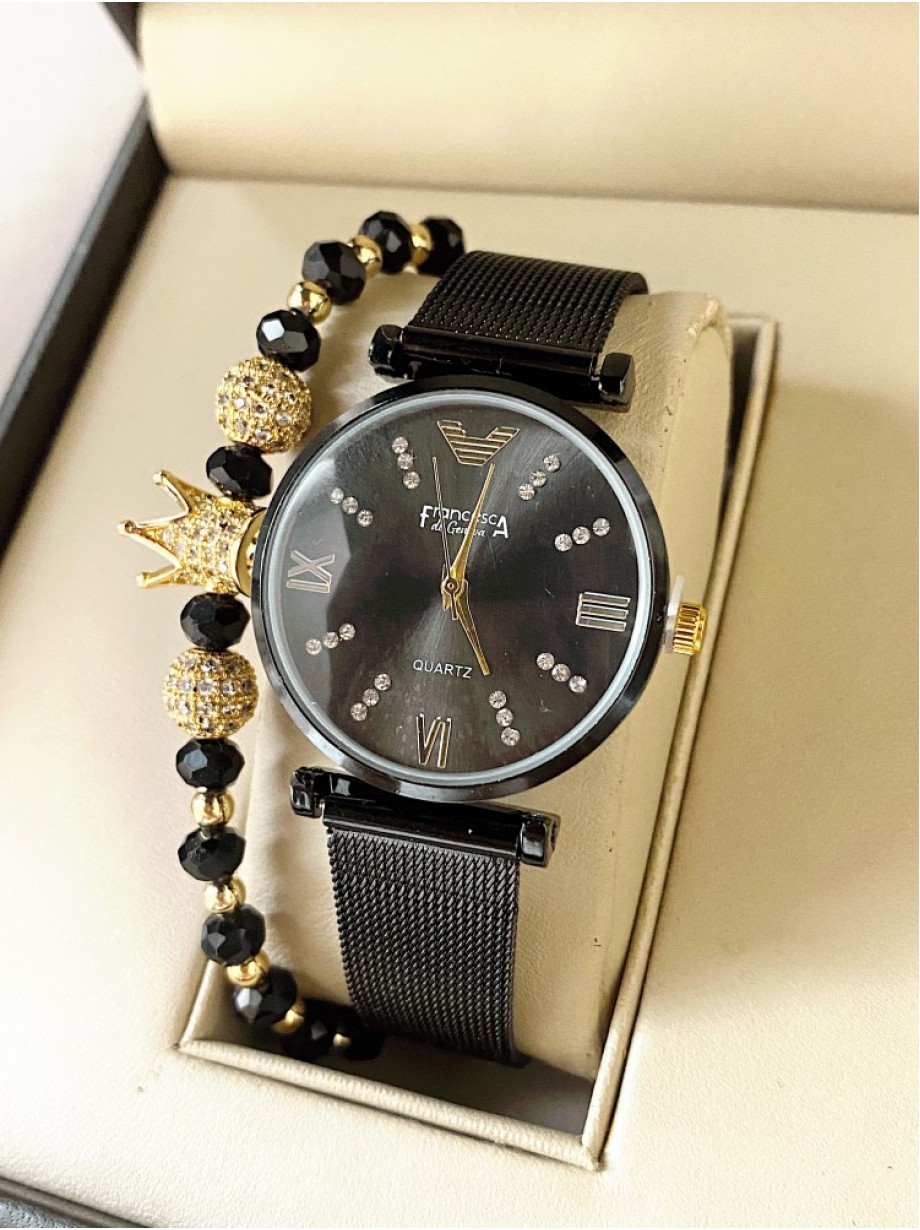 Ceas dama negru cu bratara metalica si cadran cu 4 cifre