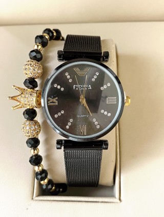 Ceas dama negru cu bratara metalica si cadran cu 4 cifre