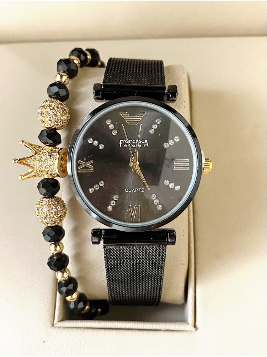 Ceas dama negru cu bratara metalica si cadran cu 4 cifre