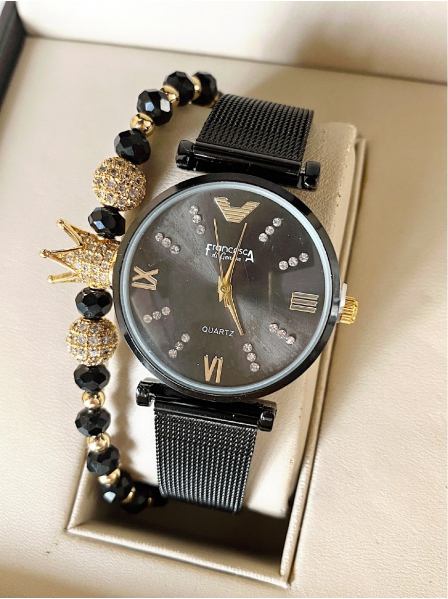 Ceas dama negru cu bratara metalica si cadran cu 4 cifre