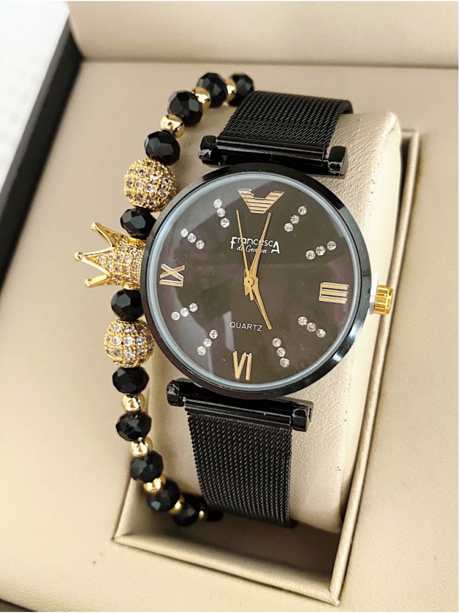 Ceas dama negru cu bratara metalica si cadran cu 4 cifre