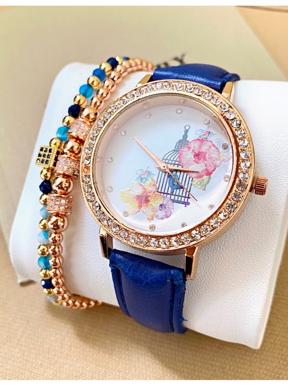 Ceas dama albastru cu bratara din piele ecologica si cadran cu Paint