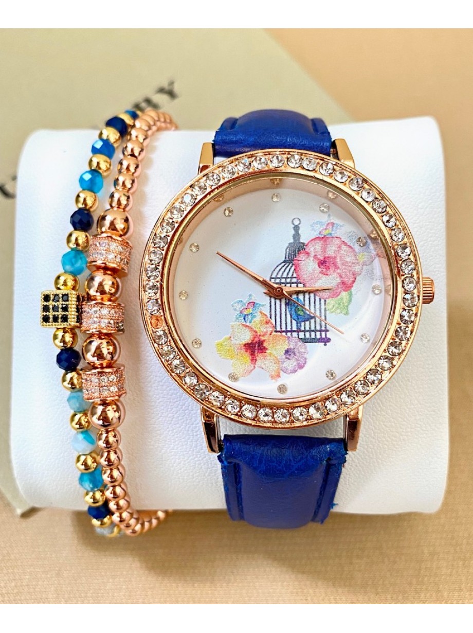 Ceas dama albastru cu bratara din piele ecologica si cadran cu Paint