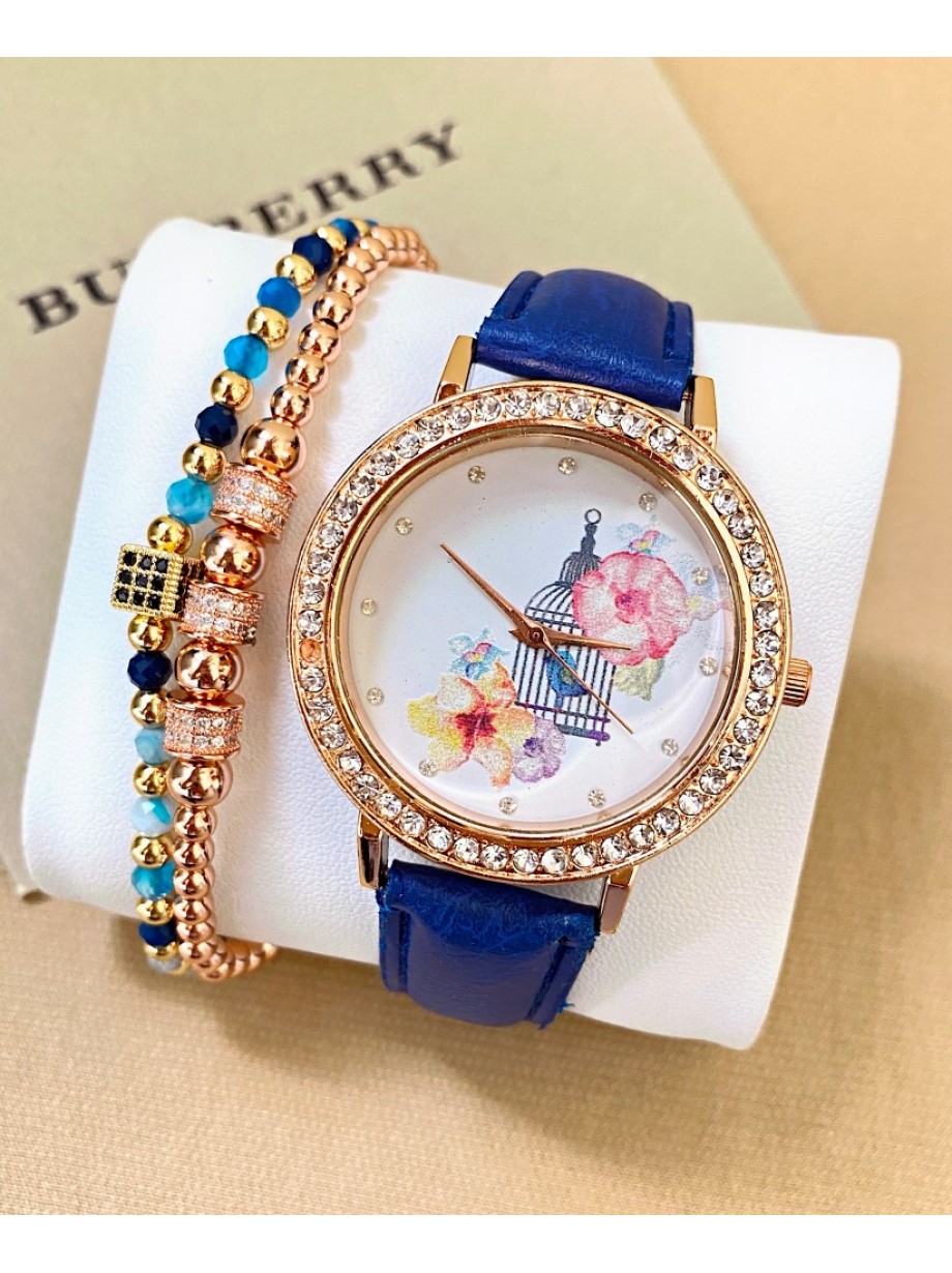 Ceas dama albastru cu bratara din piele ecologica si cadran cu Paint