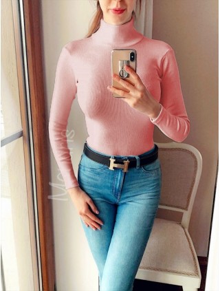 Pulover dama ieftin gros din tetra roz pudrat reiat cu guler inalt