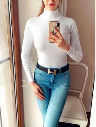 Pulover dama ieftin gros din tetra alb reiat cu guler inalt
