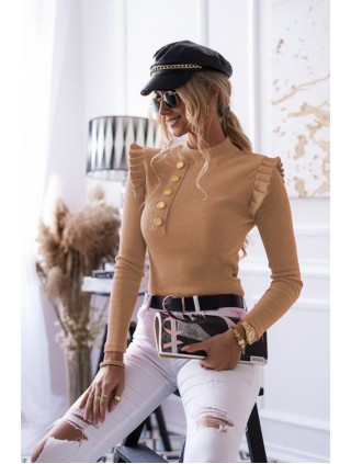 Bluza dama basic bej reiata cu nasturi metalici dreapta si volanase