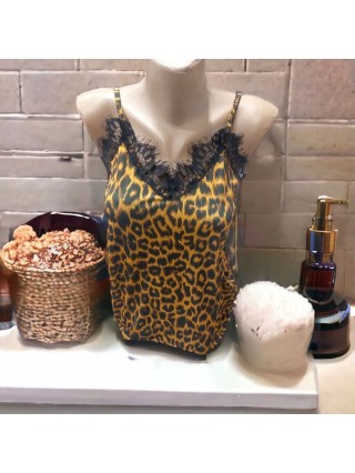 Maieu dama casual galben cu dantela si imprimeu Animal print