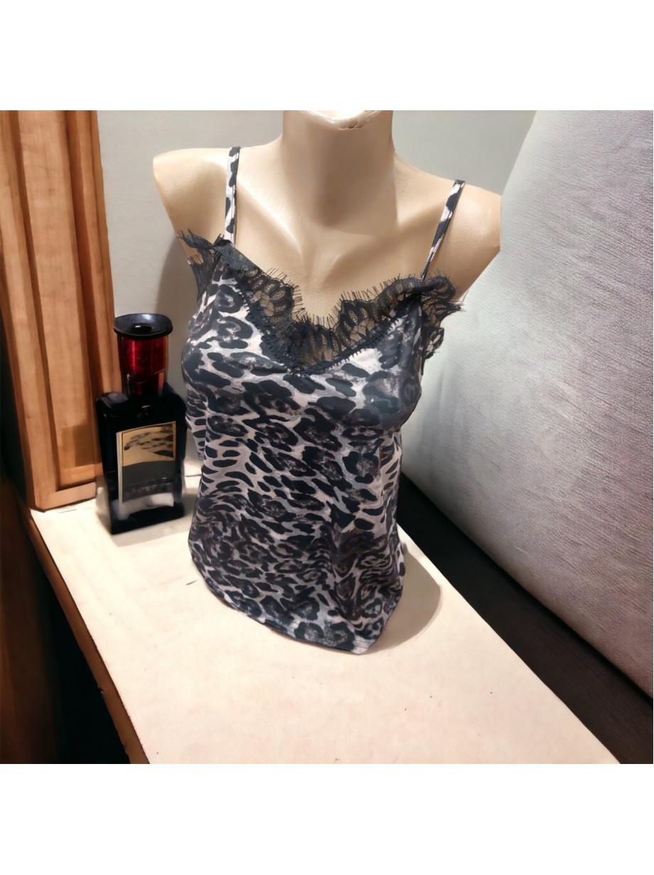 Maieu dama casual gri cu dantela si imprimeu Animal print