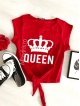 Tricou dama rosu cu imprimeu Queen strans la talie cu funda