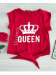 Tricou dama rosu cu imprimeu Queen strans la talie cu funda