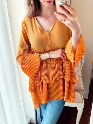 Camasa dama casual eleganta galbena din voal cu volanase, nasturi si maneca lunga