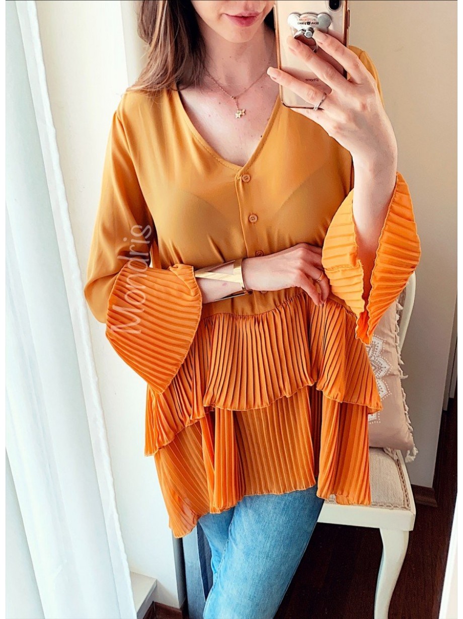 Camasa dama casual eleganta galbena din voal cu volanase, nasturi si maneca lunga