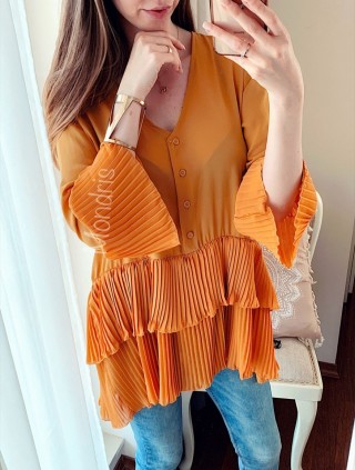 Camasa dama casual eleganta galbena din voal cu volanase, nasturi si maneca lunga