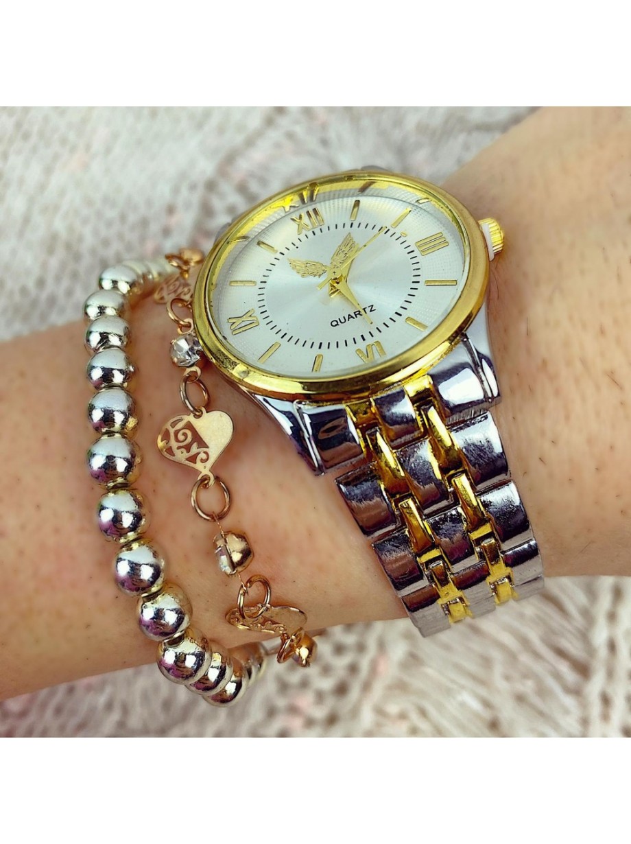 Ceas dama bicolor argintiu cu auriu minimalist cu bratara eleganta deosebita Quarts