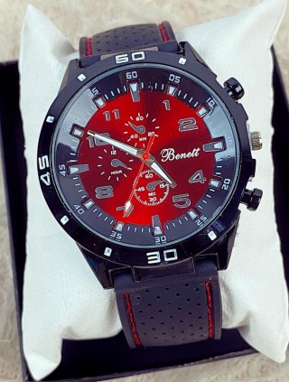 Ceas barbati negru cu cadran rosu si curea din piele ECO Benett