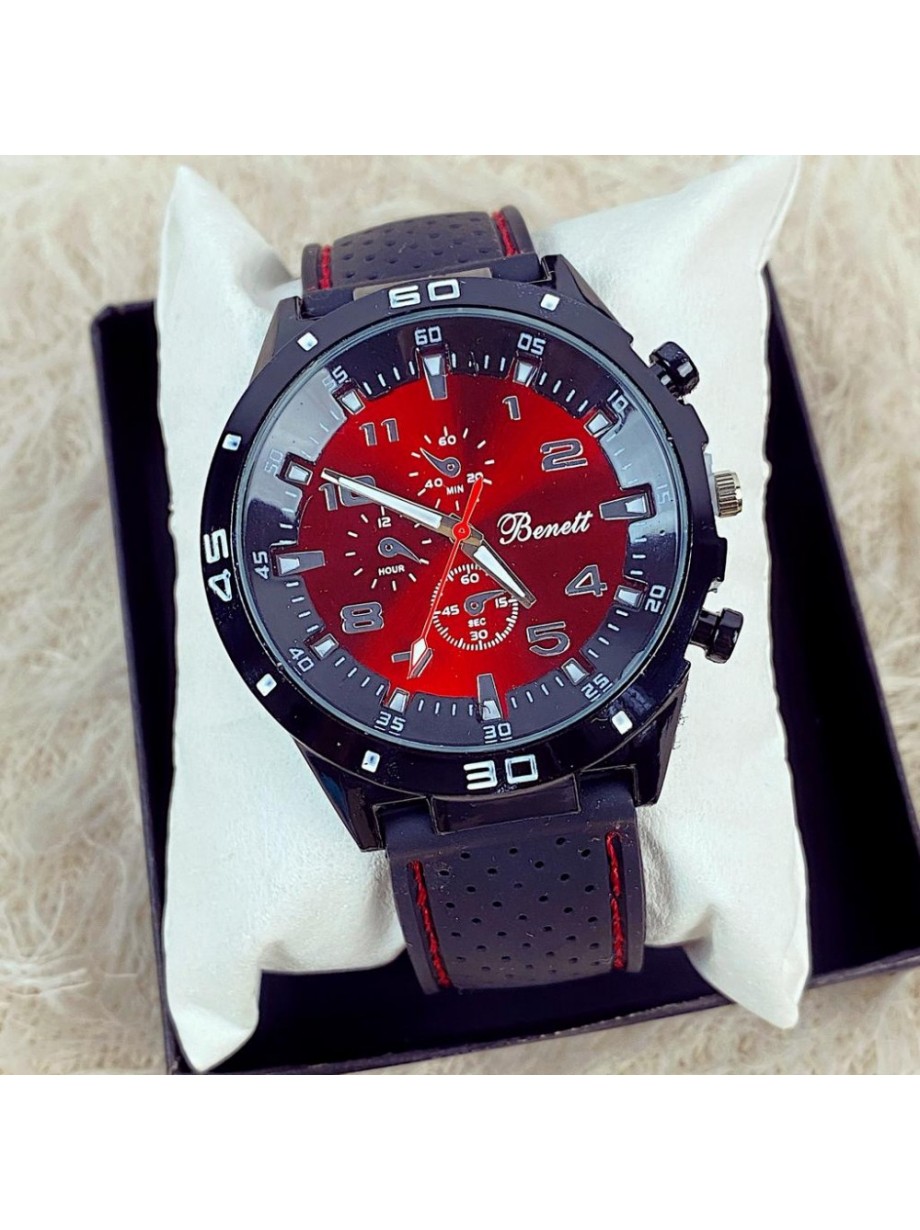 Ceas barbati negru cu cadran rosu si curea din piele ECO Benett