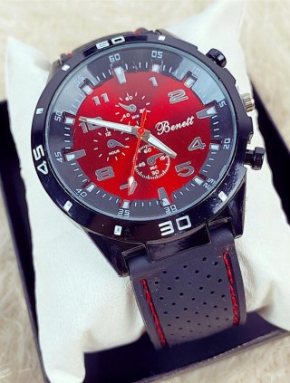 Ceas barbati negru cu cadran rosu si curea din piele ECO Benett