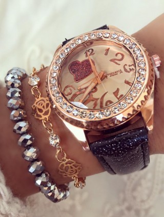 Ceas dama negru cu cadran stralucitor si inimioara si curea din piele ECO Francesca