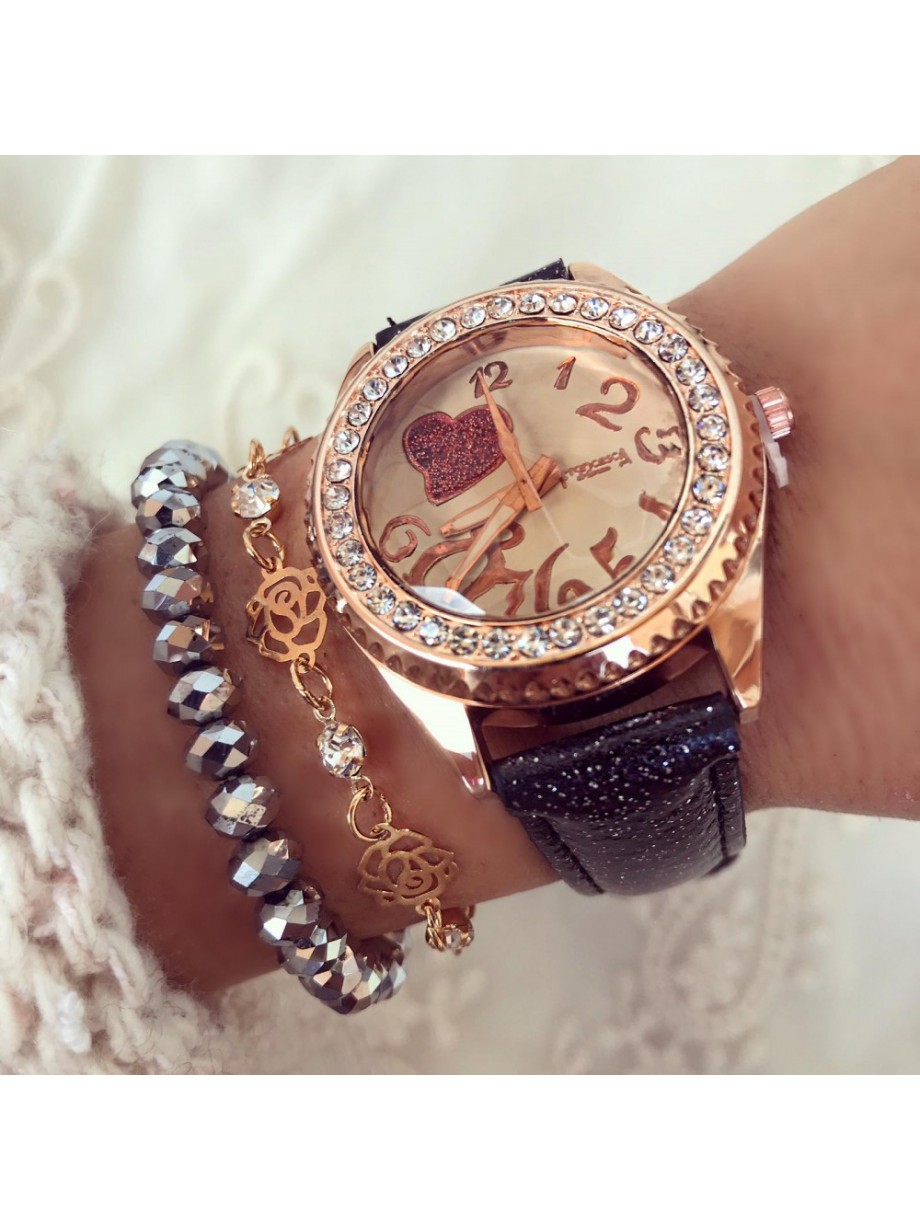 Ceas dama negru cu cadran stralucitor si inimioara si curea din piele ECO Francesca