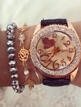 Ceas dama negru cu cadran stralucitor si inimioara si curea din piele ECO Francesca