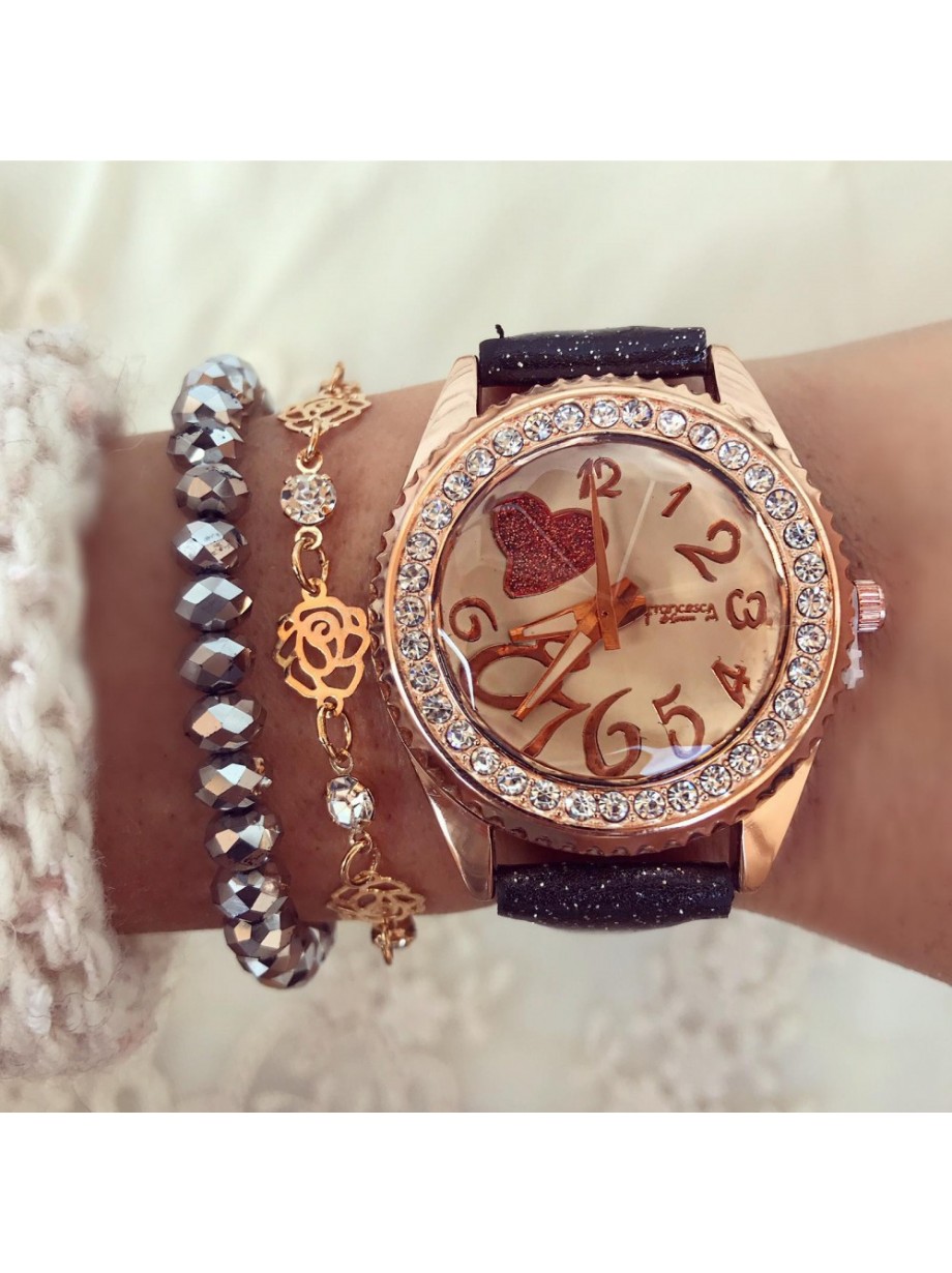 Ceas dama negru cu cadran stralucitor si inimioara si curea din piele ECO Francesca