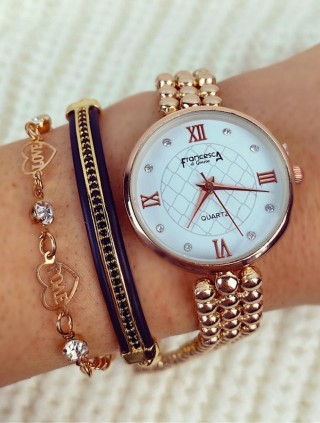 Ceas dama roze bratara metalica si cadran alb Francesca