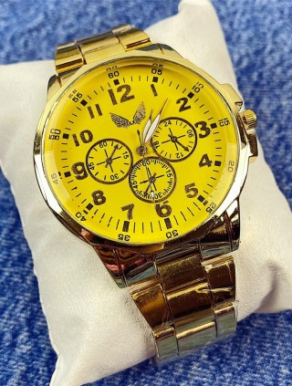 Ceas barbat ieftin auriu cu cadran galben si curea metalica 