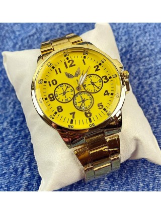 Ceas barbat ieftin auriu cu cadran galben si curea metalica 