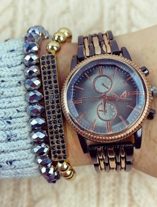 Ceas dama negru cu auriu bratara metalica si cadran gri Francesca