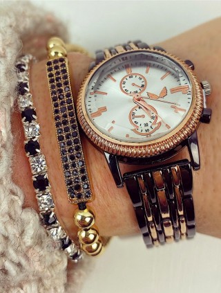 Ceas dama negru cu auriu bratara metalica si cadran gri Francesca