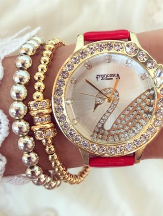 Ceas dama elegant rosu cu cadran rose si pietricele cu imprimeu lebada si curea din piele ECO Francesca