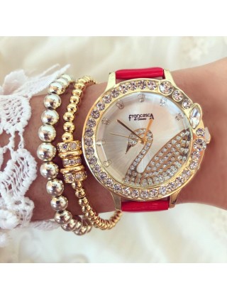 Ceas dama elegant rosu cu cadran rose si pietricele cu imprimeu lebada si curea din piele ECO Francesca