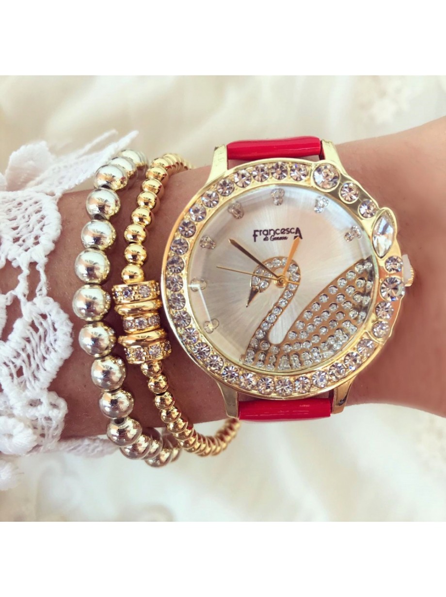 Ceas dama elegant rosu cu cadran rose si pietricele cu imprimeu lebada si curea din piele ECO Francesca