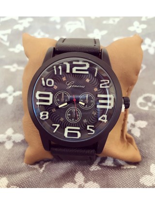  Ceas barbati casual negru cu cadran negru si curea din piele ECO Geneva