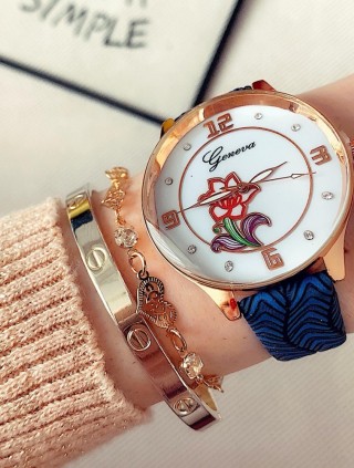 Ceas dama albastru si auriu cu imprimeu floare Geneva