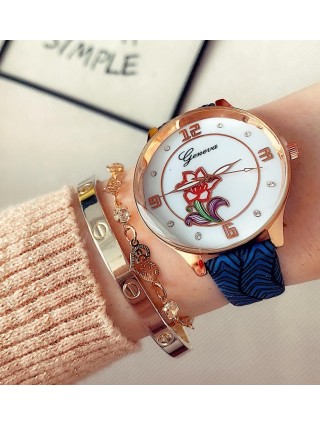 Ceas dama albastru si auriu cu imprimeu floare Geneva