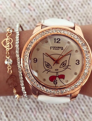 Ceas dama alb cu imprimeu cu pisica si curea din piele ECO Francesca