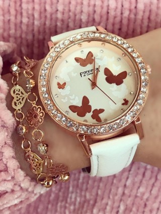 Ceas dama alb cu pietricele si imprimeu fluturi si curea din piele ECO Francesca