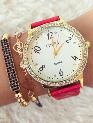 Ceas dama elegant rosu cu cadran alb si pietricele si curea din piele ECO Francesca