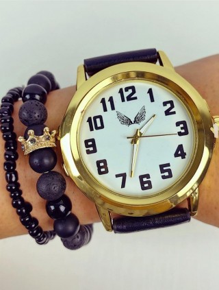 Ceas dama elegant negru cu cadran alb si curea din piele ECO